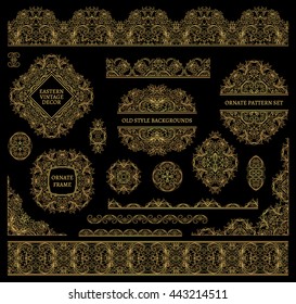 Set of line art frames and borders for design template. Vector. Golden on black. Element in Eastern style. Outline floral frames. Mono line decor for invitations, greeting cards, thank you message.