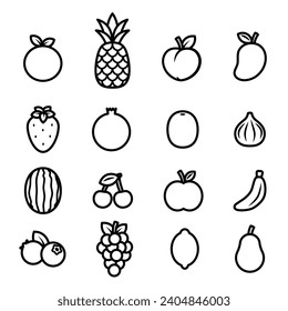 Conjunto de ilustraciones de vectores de iconos de línea de frutas y bayas. Naranja, Piña, Peach, Mango, Fresa, Pomegranada, Kiwi, Fig, Watermelon, Cherry, Apple, Banana, Blueberry, Uvas, Limón, Aguacate