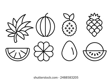 Set of Line art Fruits and Berries Icons Vector Illustrations. Orange, Pineapple, Peach, Mango, Strawberry, Pomegranate, Kiwi, Fig, Watermelon, Cherry, Apple, Banana, Blueberry, Grapes, Lemon, Avocado