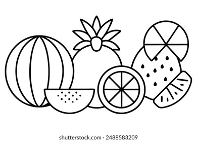 Set of Line art Fruits and Berries Icons Vector Illustrations. Orange, Pineapple, Peach, Mango, Strawberry, Pomegranate, Kiwi, Fig, Watermelon, Cherry, Apple, Banana, Blueberry, Grapes, Lemon, Avocado