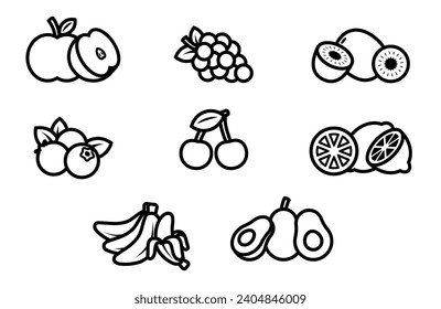 Juego de ilustraciones de vectores de iconos de frutas de arte de línea. Apple, uvas, kiwi, arándanos, cerezas, plátanos, aguacate, limón. Todo y rebanadas