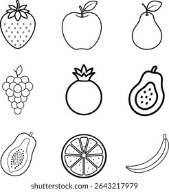 Set of line art fruits Vector Illustration Natural Tropical fruits. Apple, Strawberry, Banana, slice Orange, Papaya, pear, pomegranate, grape, slice papaya, Outline Fruit Clipart Collection.