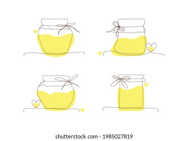 Set line art glass canning jars for honey, autumn and winter preservation. Sketch, doodle, outline style, linear silhouette, one line drawing style. Preserved food, jars with yellow spots and hearts