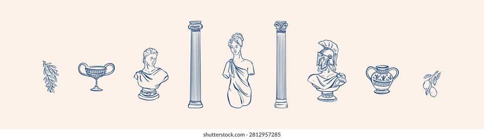 Set of line art greek design elements. Hand drawn crayon doodle ancient Greece outline icon set. Roman column, sculpture and statue, aegean vase. Mediterranean coastal drawing. Blue lemon sketch