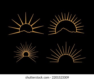 Set Of Line Art Half Sun Orange Black Background