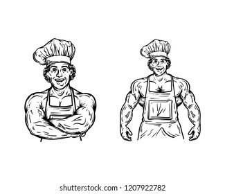 Set Line Art Hand Drawn Vector Happy Muscular Cooking Chef Coach Sign Symbol Company Logo template Design Inspiration
