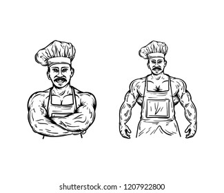 Set Line Art Hand Drawn Vector Happy Muscular Cooking Chef Coach Sign Symbol Company Logo template Design Inspiration