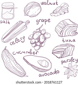 Set of the line art  hand drawn isolated salad ingredients. 
