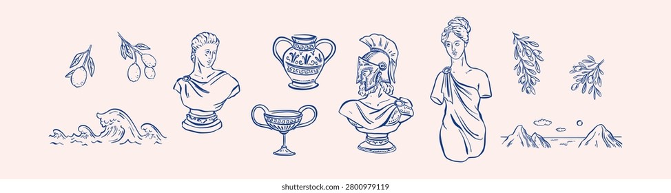 Set of line art hand drawn Greek doodle icons. Museum outline sketch background. Ancient Greece archeology illustration. Antique roman sculpture, amphora, vase. Coastal sea landscape