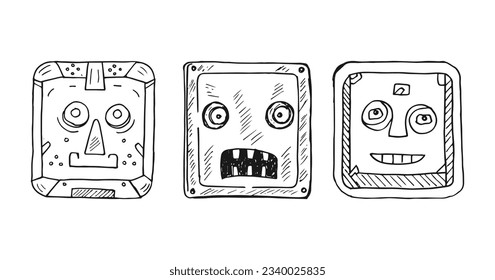 Set line art hand-drawn abstract square shape with different facial cartoon expressions vector.