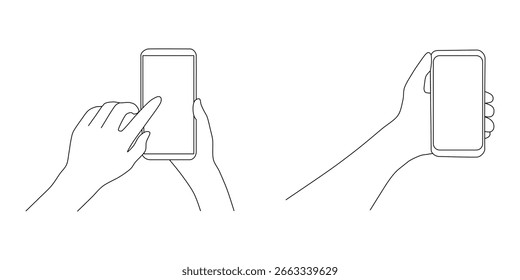 Set von Zeilenkunst-Hands, die Smartphones halten, Vektorgrafik. Sammlung von klaren Umrisszeichnungen, die menschliche Hände zeigen, die Smartphones in verschiedenen Positionen halten und verwenden.