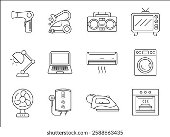 A set of line art icons depicting various home appliances, including a washing machine, laptop, oven, air conditioner, and fan in a minimalist style