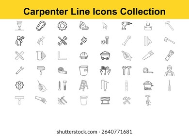 A set of line art icons depicting various carpentry and construction tools, suitable for designs and illustrations.