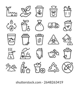A set of line art icons depicting environmental themes, recycling, pollution, and sustainable practices, presented in a clean, minimalist style.