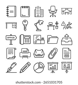 A set of line art icons depicting common office supplies and activities.
