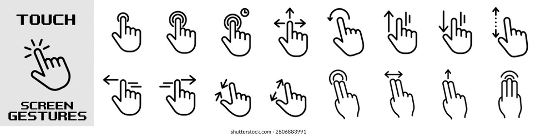 Set of line art icons depicting various hand gestures for touch screen interaction, isolated on white background. Includes single and multi-finger taps, long press, swipes, and pinch-to-zoom gestures. Editable stroke