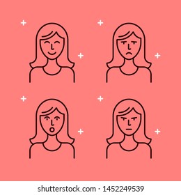 Set of line art icons with different emotions of a woman. Illustrations of good mood, sadness, anger and surprise. Various facial expressions.