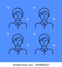 Set of line art icons with different emotions of a man. Illustrations of good mood, sadness, anger and surprise. Various facial expressions.