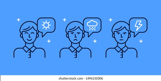 Set of line art icons with emotionally speaking man. Linear style Illustrations of happiness, sadness and anger.