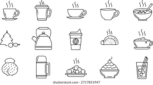 Un conjunto de iconos de arte de línea que presentan diferentes tipos de bebidas calientes como café y té en tazas, tazas y un termo, junto con una tetera, un tazón de sopa y otros alimentos calientes.