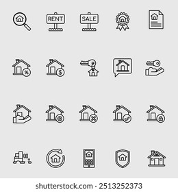 Set of line Art icons related to real estate, property, buying, renting, house, home. Outline icon collection.