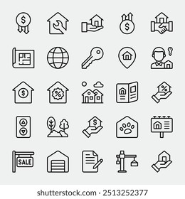 Set of line Art icons related to real estate, property, buying, renting, house, home. Outline icon collection.