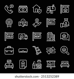 Set of line Art icons related to real estate, property, buying, renting, house, home. Outline icon collection.