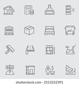 Set of line Art icons related to real estate, property, buying, renting, house, home. Outline icon collection.