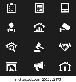 Set of line Art icons related to real estate, property, buying, renting, house, home. Outline icon collection.