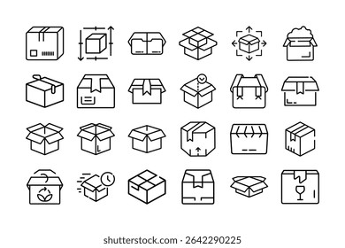 Un conjunto de iconos de arte de línea que representan diferentes tipos de cajas y conceptos de envío.