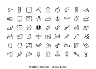 Um conjunto de ícones de arte de linha que representam várias ferramentas de costura e costura.
