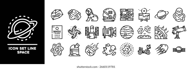 Set of line art icons representing planets, stars, astronauts, telescopes, and other space elements. Offering a scientific or educational purposes. Icon set line