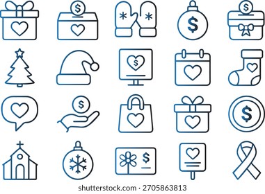Set of line art icons representing charity, donation, giving, holiday, and winter themes, isolated on white background