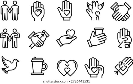 Conjunto de iconos de arte de línea que representan la caridad, la Asistencia voluntaria, la paz, la empatía, la atención comunitaria y los símbolos mundiales de ayuda humanitaria para la responsabilidad social.