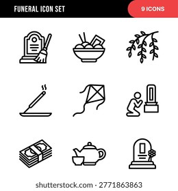 Set of Line Art Icons Representing Traditional Customs and Offerings
