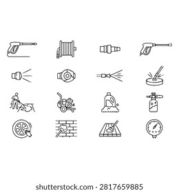 A set of line art icons representing pressure washing tools, equipment, and cleaning processes for maintenance and industrial applications.