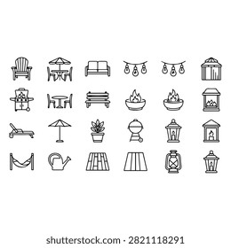 A set of line art icons representing outdoor living, patio furniture, garden decor, and backyard leisure activities.