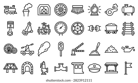 A set of line art icons representing various elements of vintage trains and railways, including engines, wheels, signals, and tracks.