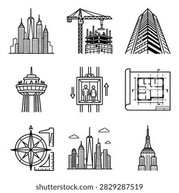 A set of line art icons representing buildings construction tools and cityscapes