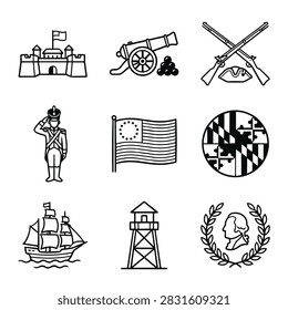 A set of line art icons representing elements of the American Revolutionary War including a fort, cannon, muskets, soldier, flag, ship, and seal.