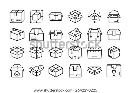 A set of line art icons representing different types of boxes and shipping concepts.