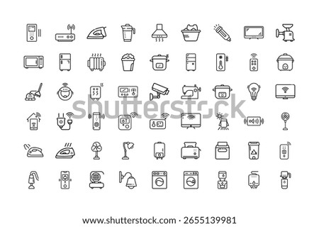 A set of line art icons representing various household appliances and electronics.