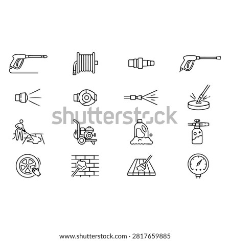 A set of line art icons representing pressure washing tools, equipment, and cleaning processes for maintenance and industrial applications.
