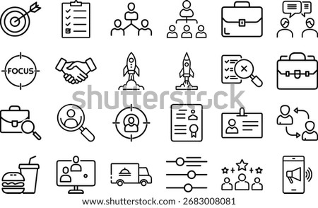 A set of line art icons symbolizing various business and marketing concepts, such as strategy, teamwork, analysis, and advertising, all set against a white backdrop.