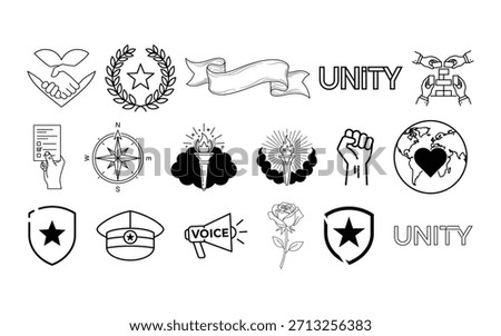 A set of line art icons symbolizing patriotism, civic duty, and national identity. Features torch of liberty, voting, unity slogans, and defense symbols.