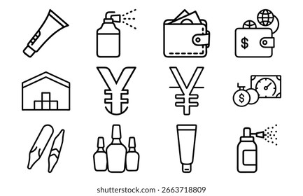 Conjunto de ícones de arte de linha - carteira, moeda, cosméticos, ferramentas de beleza e símbolos de finanças de negócios em estilo de contorno mínimo