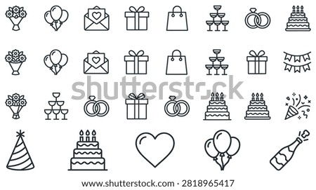 Set of line art icons for weddings and celebrations, featuring engagement rings, wedding cakes, champagne glasses, gift boxes, balloons, and party favors.