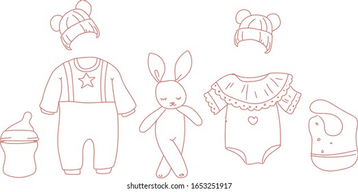 set line art Illustration icon of baby stuff, baby apron, nib, baby dress, and baby hats