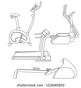 Set of line art illustration sports simulators. Contour equipment. Healthy lifestyle. Vector elements for infographics, icons, logos and your design. Sport training apparatus