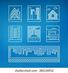 Set of Line Art Illustrations of Buildings. Thin Line Graphic Design